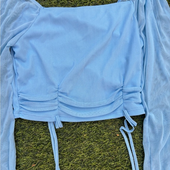 Ambiance Light Blue Mesh Ruched Long-Sleeve Crop Top - Picture 3 of 5